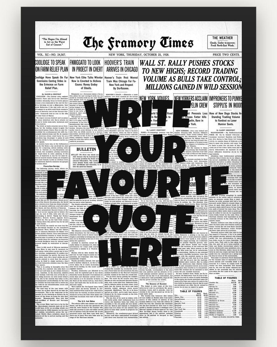 Custom Quote Poster - write your favourite quote, newspaper style, black frame