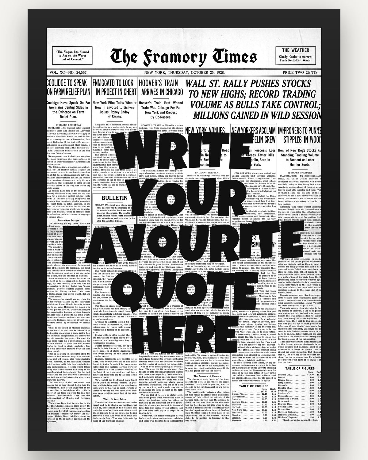 Custom Quote Poster - write your favourite quote, newspaper style, black frame