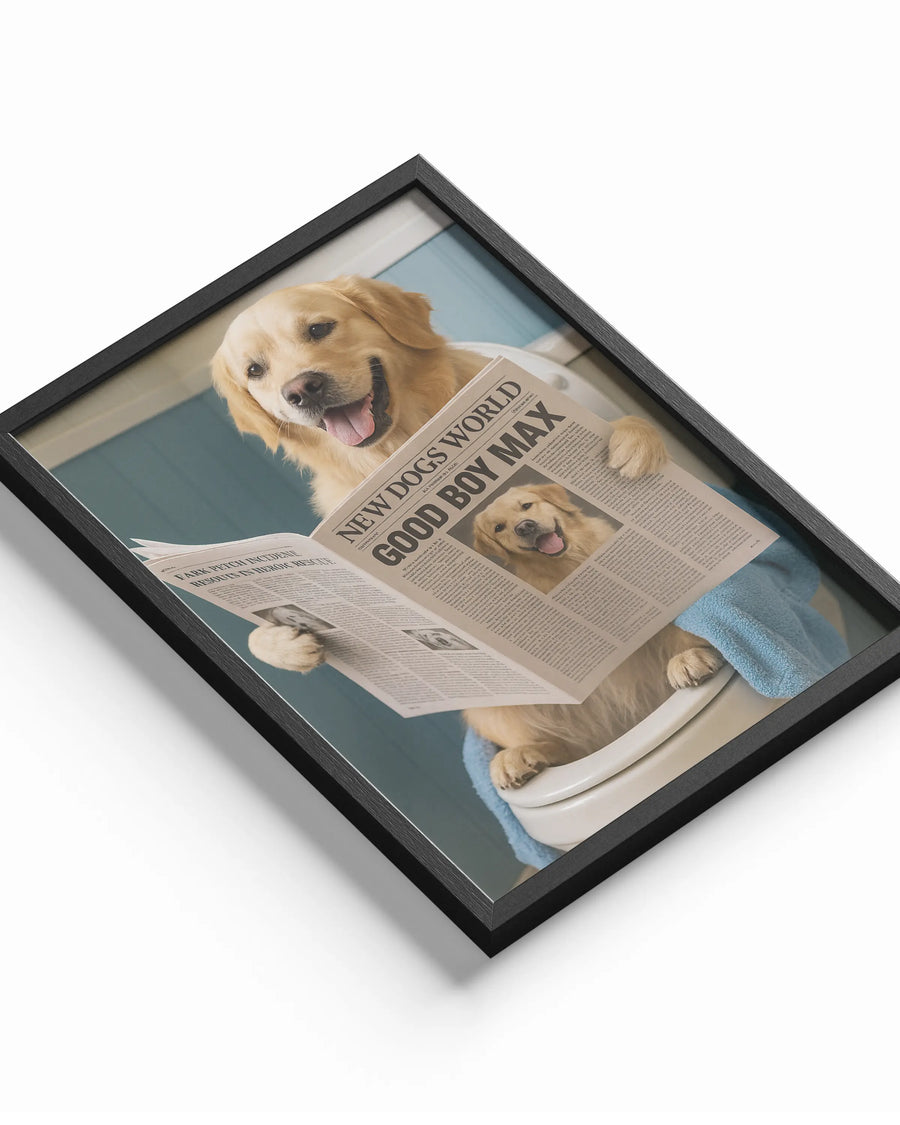 Custom Pet on Toilet with Newspaper Print poster design close-up