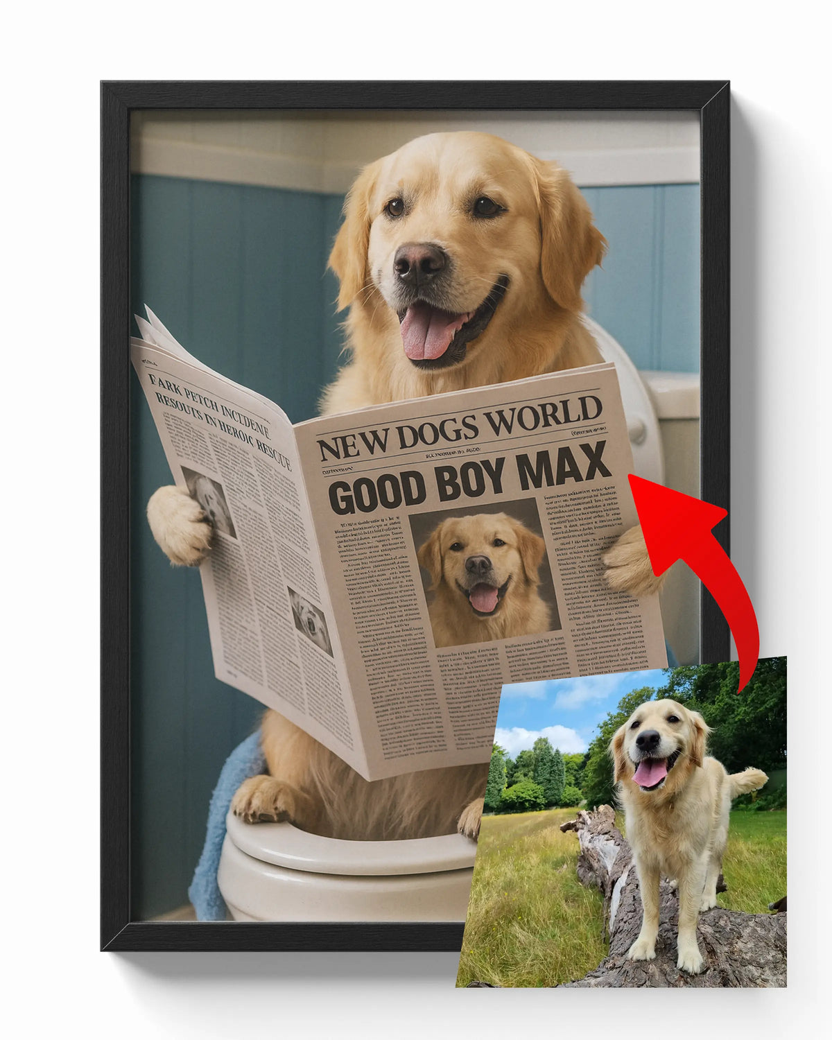 Custom Pet on Toilet with Newspaper Print poster — Framory Prints