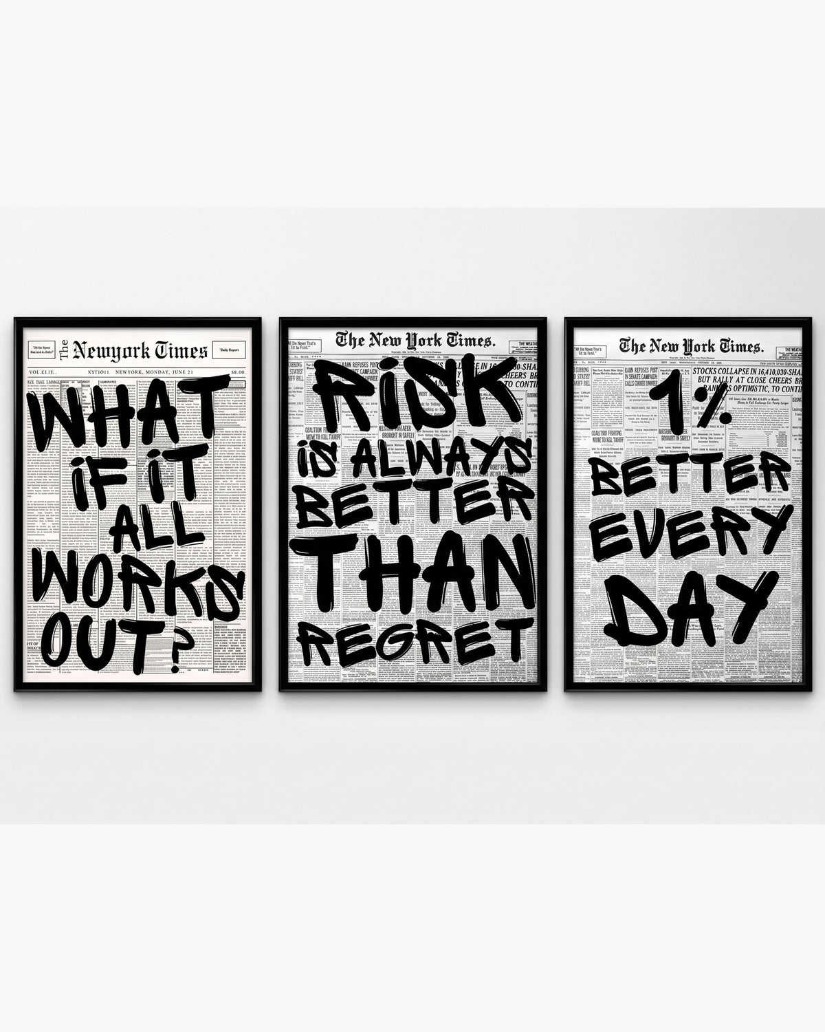 Motivation Posters Set of 3 - What if it all works out, Risk is always better than regret, 1% Better Every Day - framed