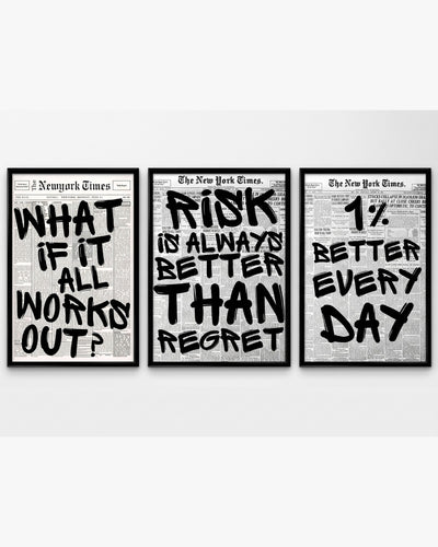 Motivation Posters Set of 3 - What if it all works out, Risk is always better than regret, 1% Better Every Day - framed