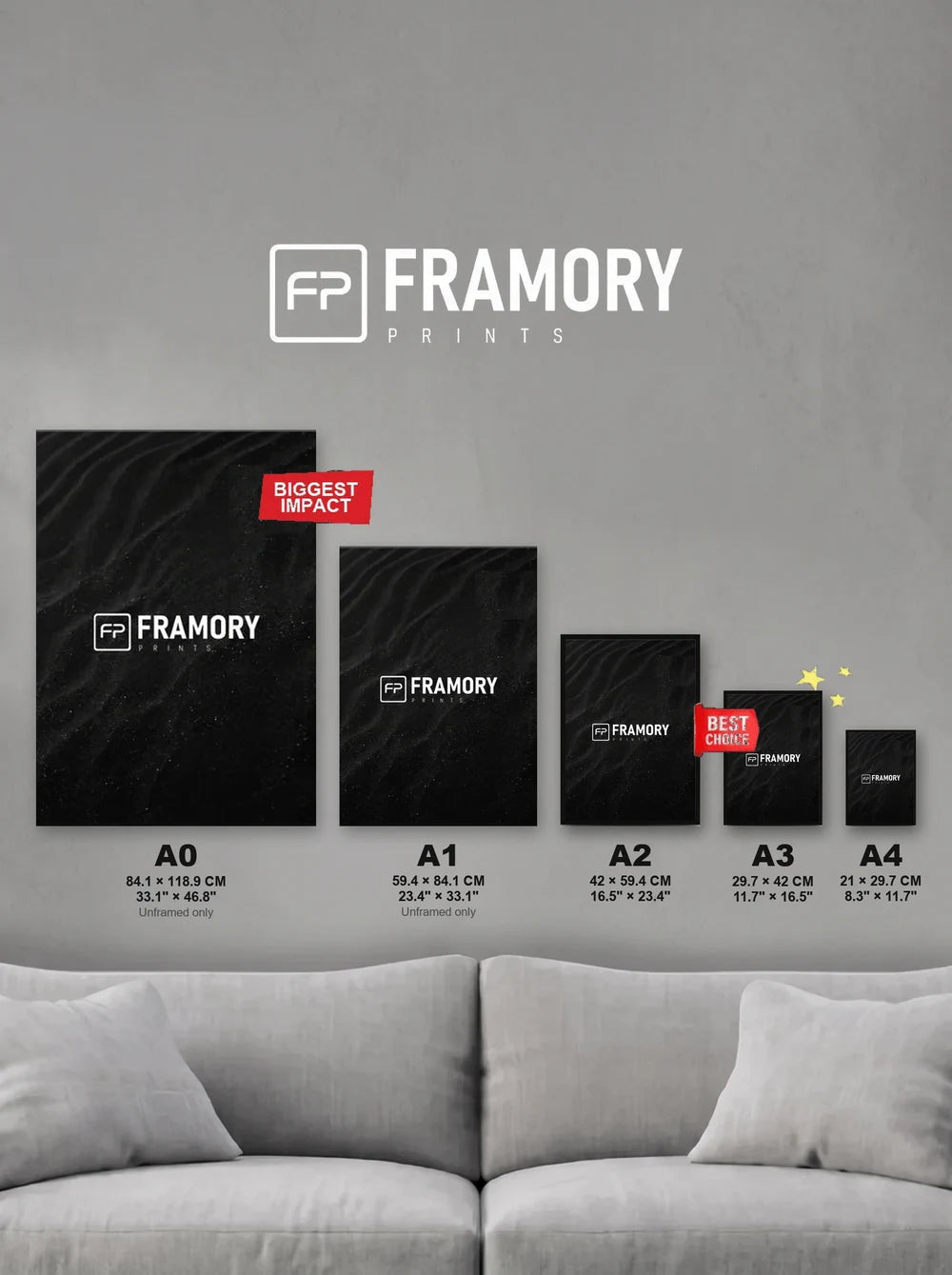 Framory Prints size guide: A0, A1, A2, A3 and A4 to scale on a wall above a sofa